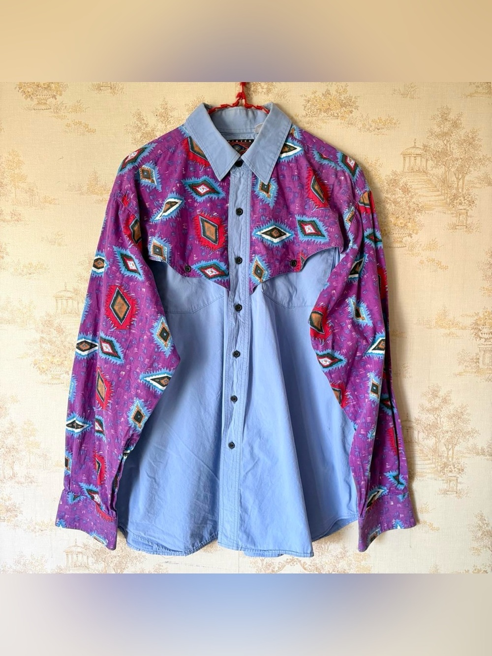 Vintage 90s Painted Mesa Purple Blue Southwestern Cowboy Western Shirt